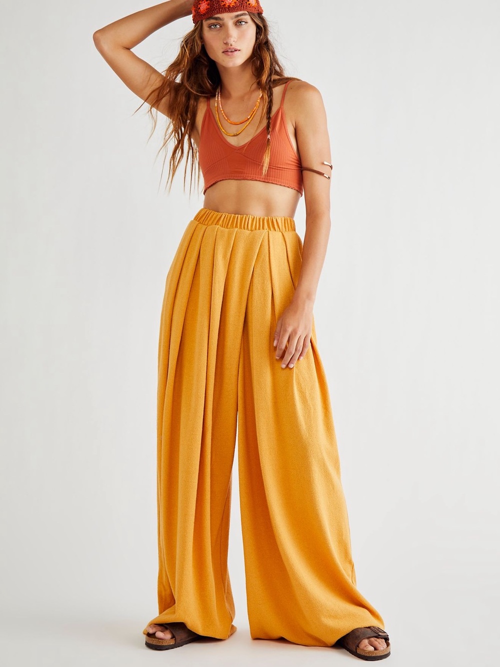 Free People Golden Mustard Wide-Leg Draped Pants